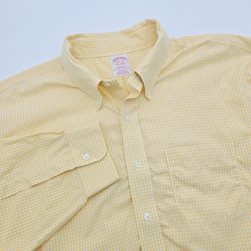 Brooks Brothers Madison Shirt Mens 18.5 35 Yellow Gingham Supima Cotton Non-Iron
